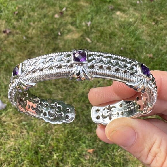 Vintage Judith Ripka Sterling Silver Amethyst Hinged Cuff Bracelet Rope Textured - Picture 16 of 17
